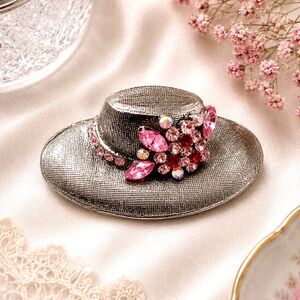 Vintage Black Ladies Hat Brooch with Pink Rhinestone Accents